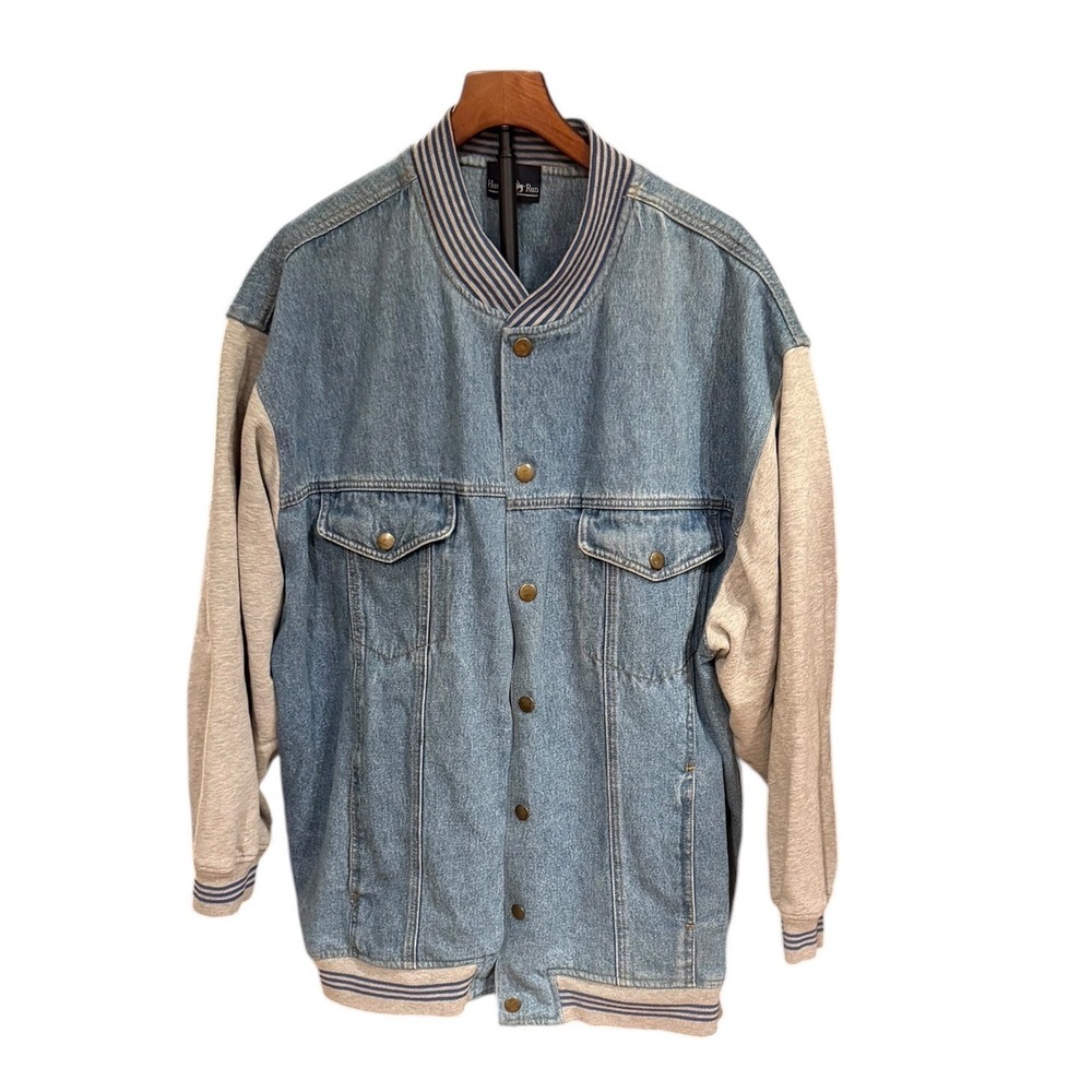 Vtg 90s Hunters Run Denim Varsity Jacket Blue Gray Mixed Media Bomber Mens 2XL